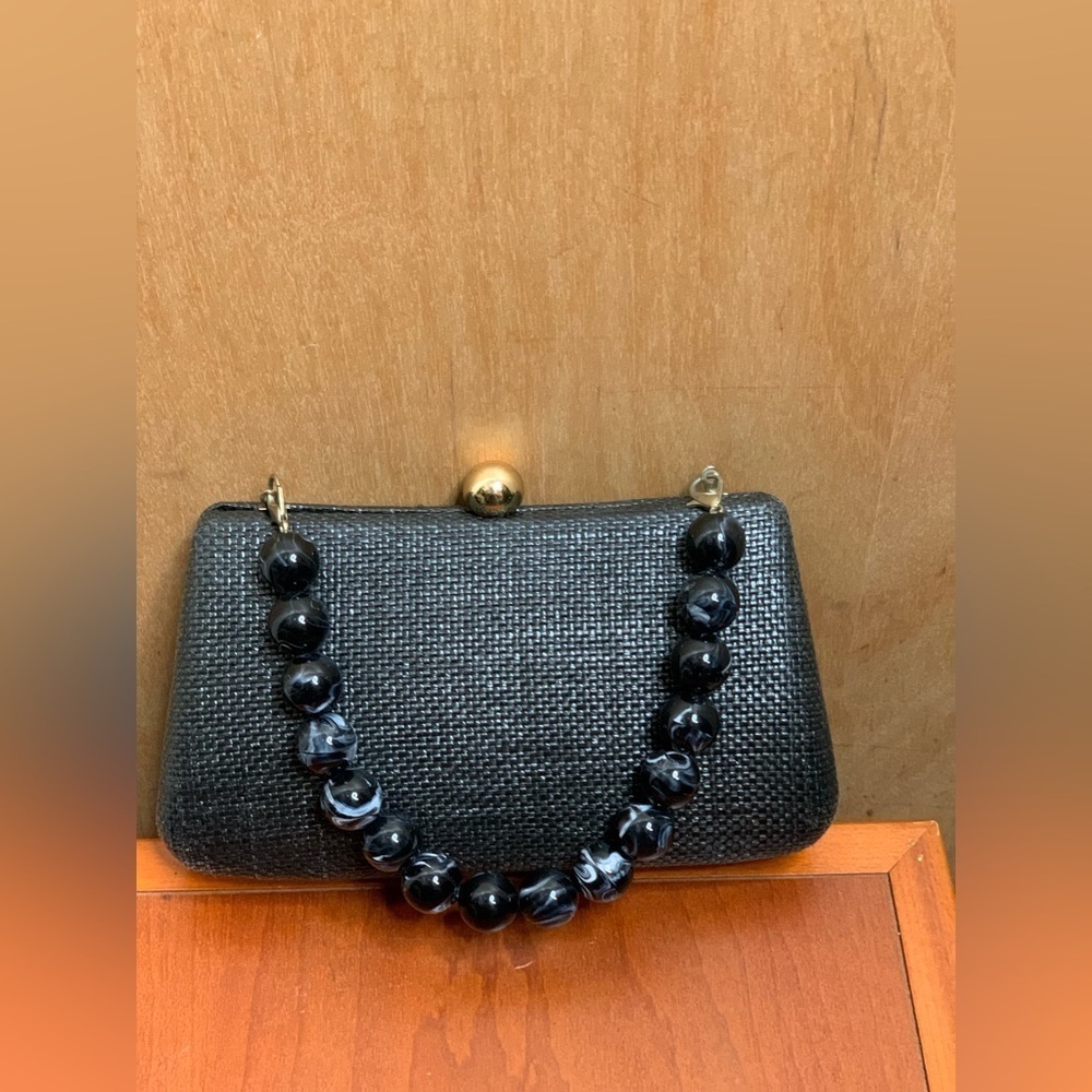 Urban Empressions Textured Black Clutch Hand Bag with Marbled Beaded Handle